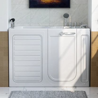 White walk-in bathtub in a bathroom setting with tiled walls and a rug.