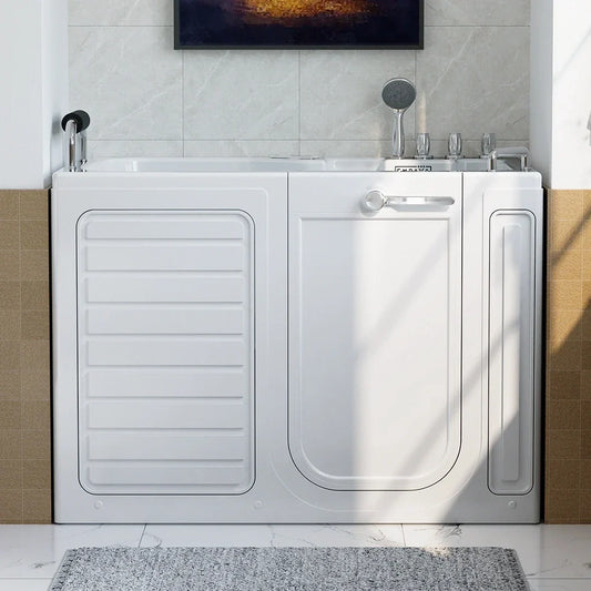 White walk-in bathtub in a bathroom setting with tiled walls and a rug.