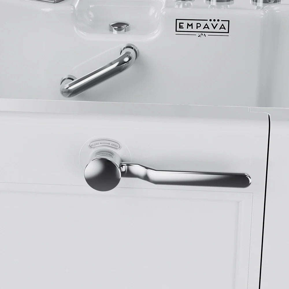 Close-up of a white door with a silver handle and Empava logo.