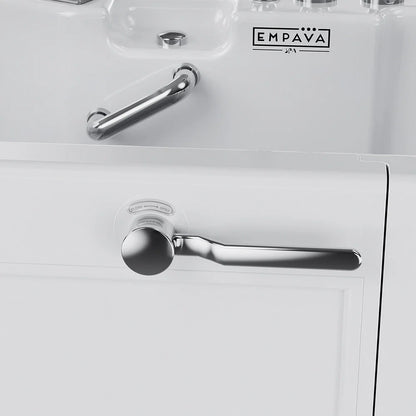 Close-up of a white door with a silver handle and Empava logo.