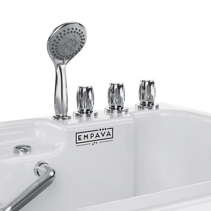 Chrome showerhead and handheld shower on a white bathtub with Empava branding.