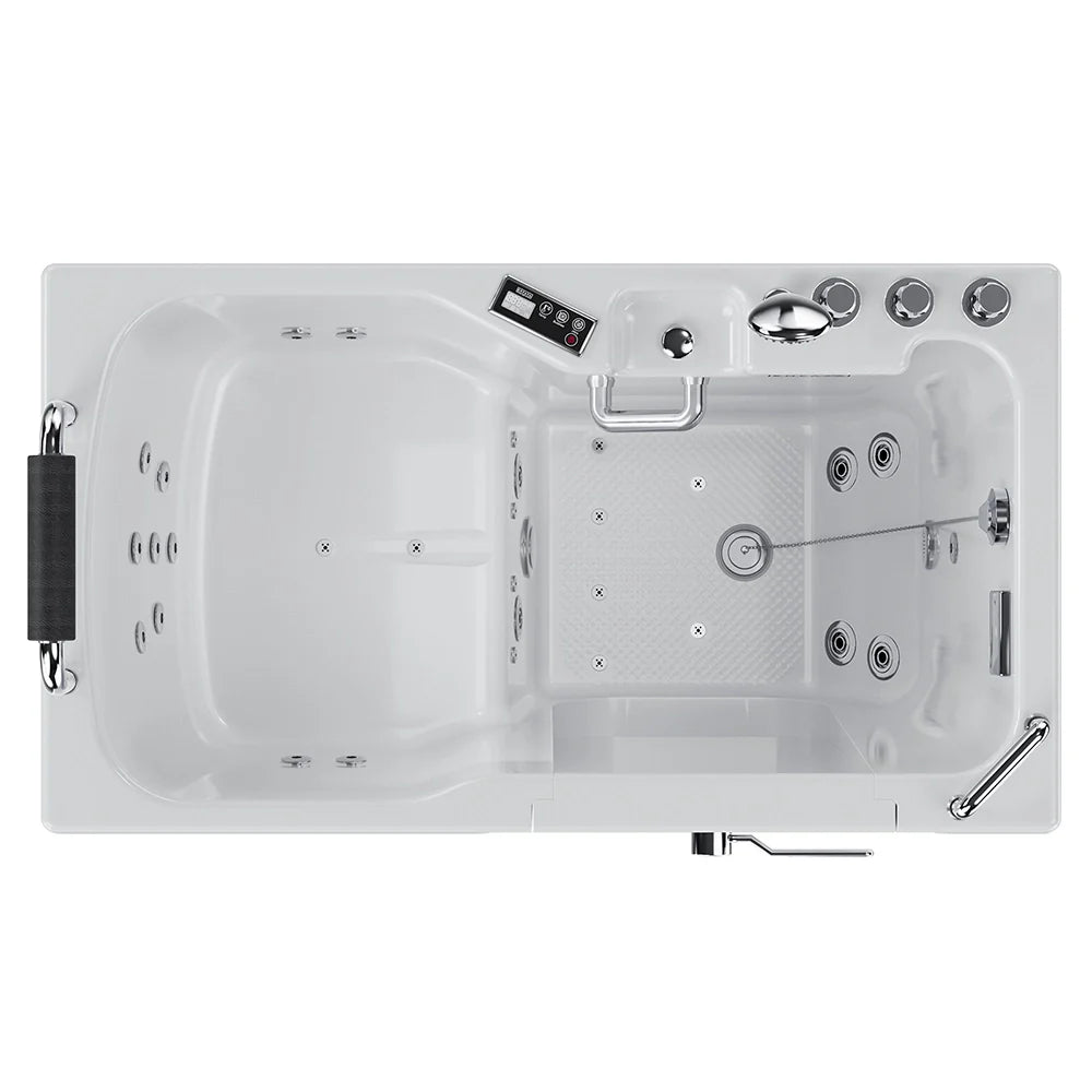 Whirlpool bathtub with multiple jets and control panel on a white background