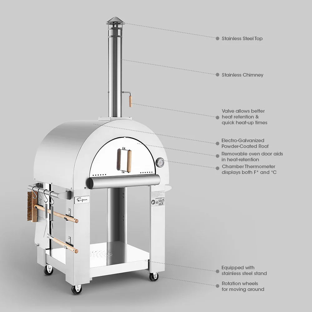 White outdoor pizza oven with stainless steel top and chimney on a gray background