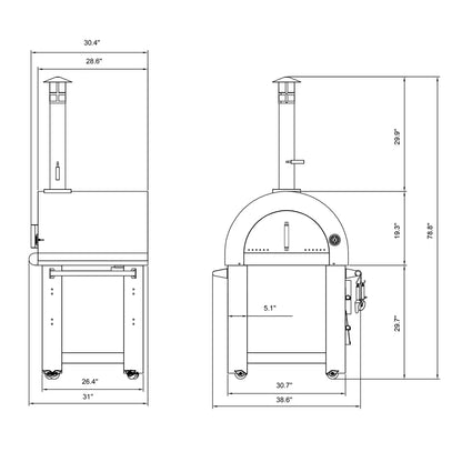 Technical drawing of a pizza oven with dimensions