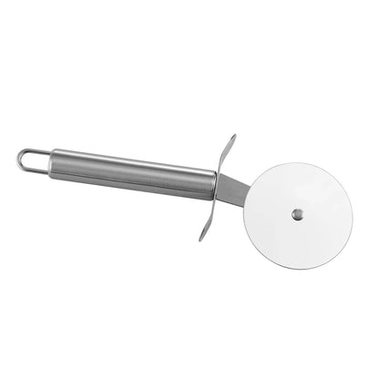 Stainless steel pizza cutter on a white background