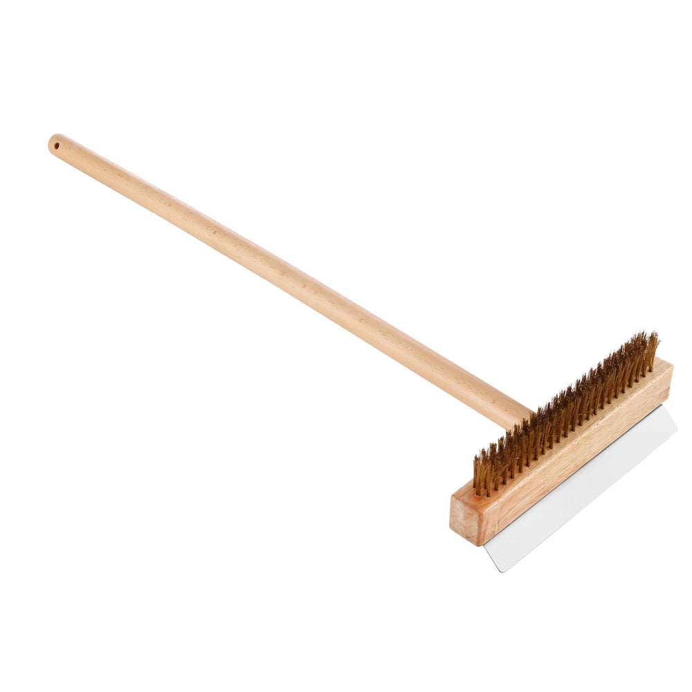 Cleaning brush with wooden handle and metal bristles on a white background