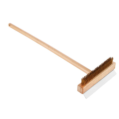 Cleaning brush with wooden handle and metal bristles on a white background