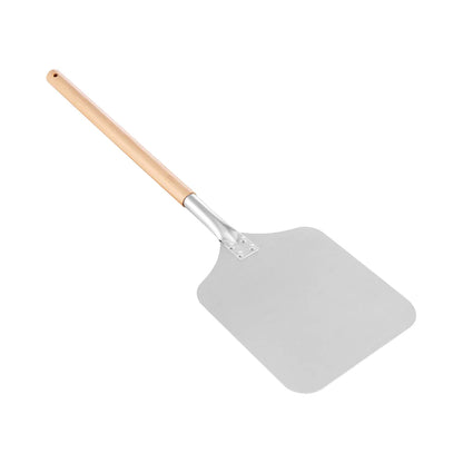 Metal pizza peel with a wooden handle on a white background