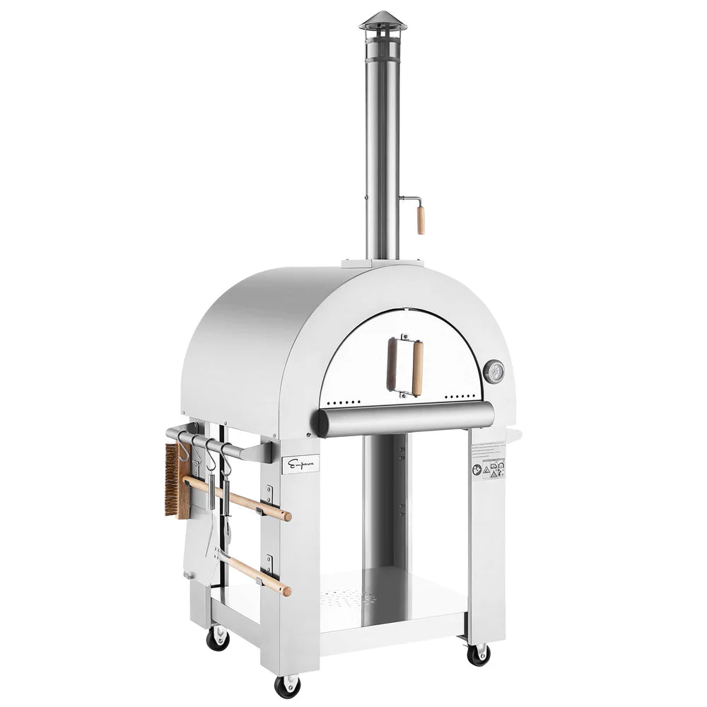 White outdoor pizza oven with wheels on a white background