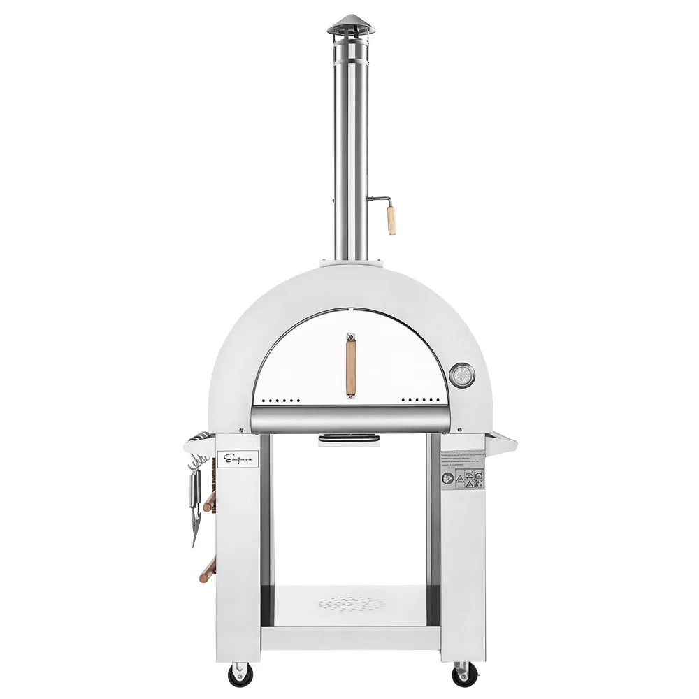 White outdoor pizza oven with a chimney on a white background