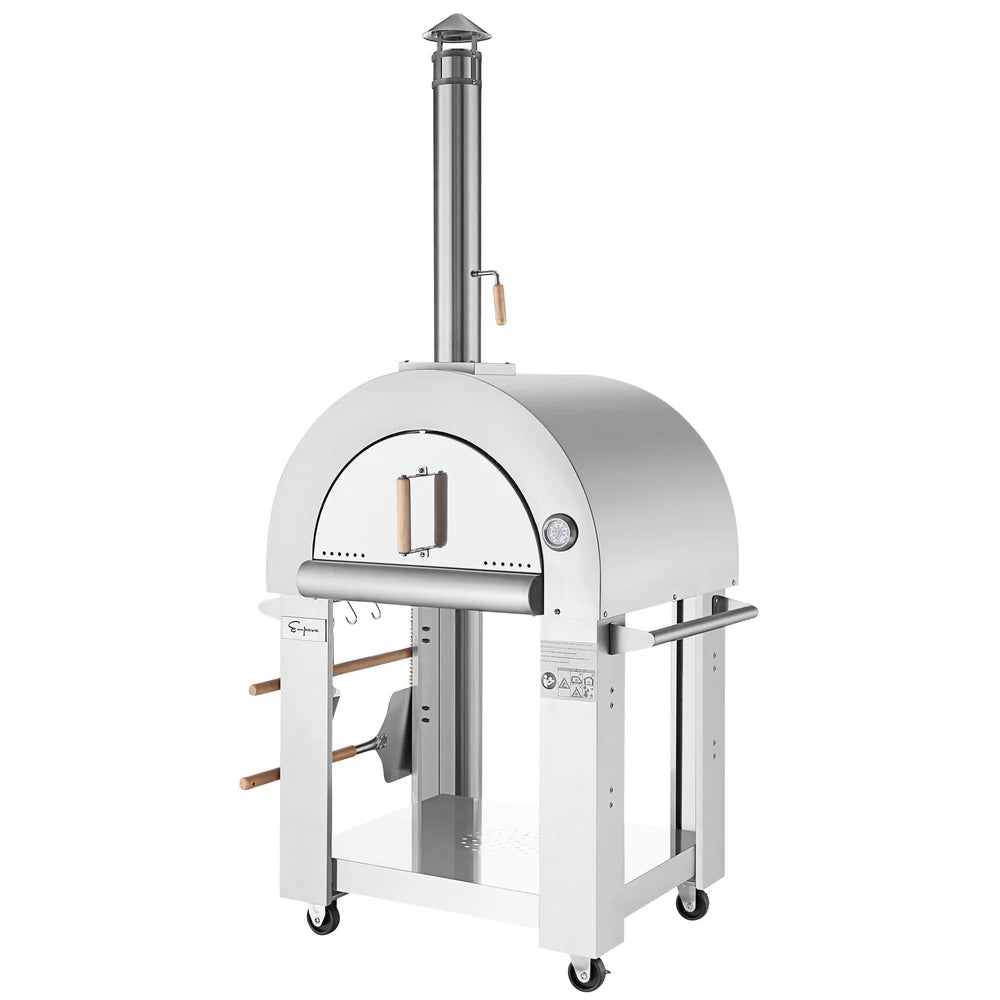 White outdoor pizza oven with wheels on a white background