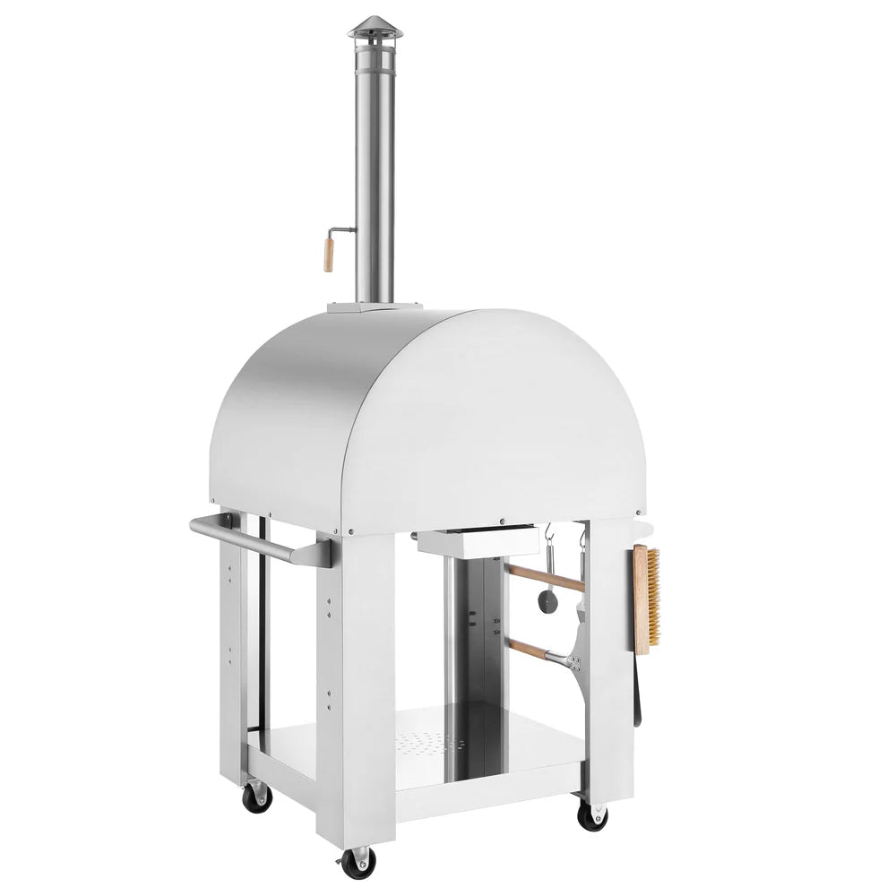 White outdoor pizza oven on wheels with a chimney, white background