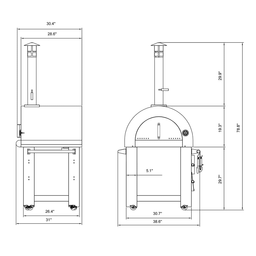 Technical drawing of a pizza oven with dimensions labeled