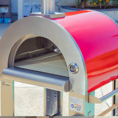 Outdoor pizza oven with a red door in an outdoor setting