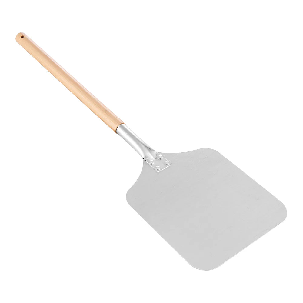 Metal pizza peel with a wooden handle on a white background