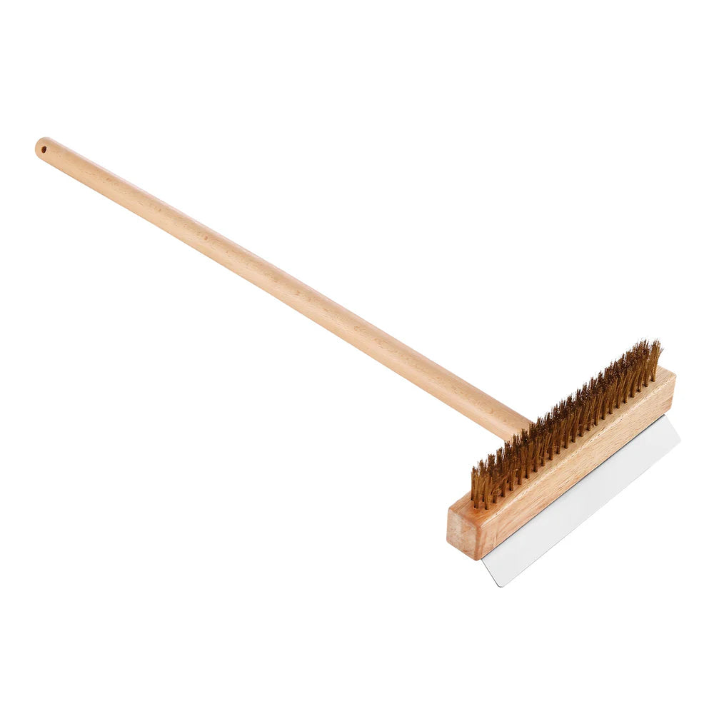 Cleaning brush with wooden handle and metal bristles on a white background