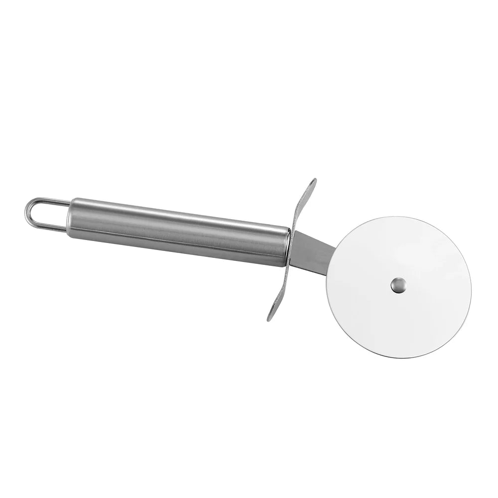 Stainless steel pizza cutter on a white background