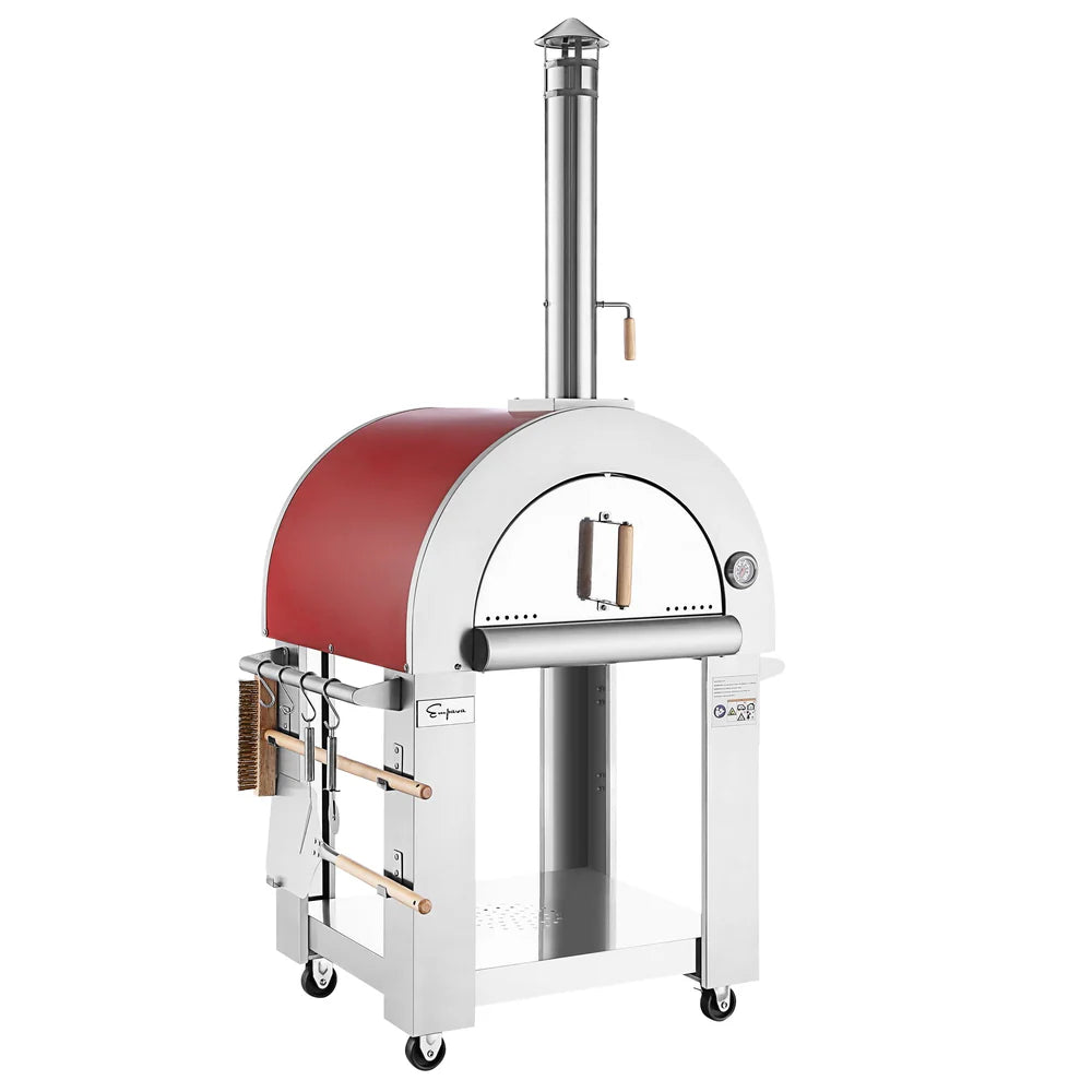 Red and white outdoor pizza oven on a white background