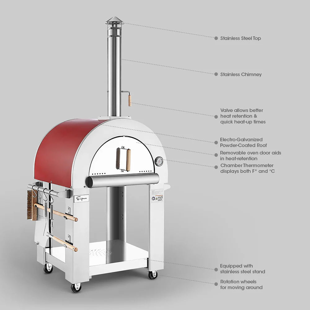 Outdoor pizza oven with red top and white body on a gray background