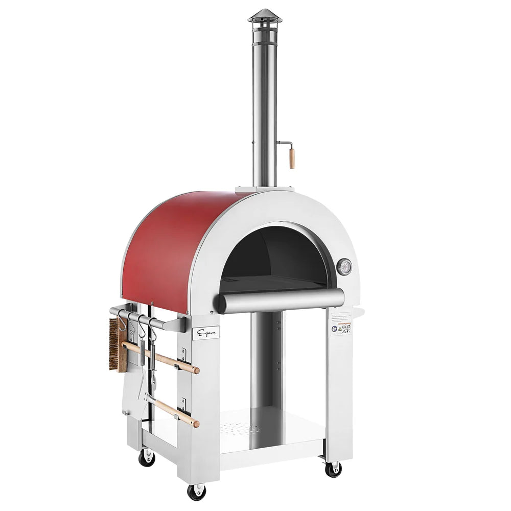 Red and white outdoor pizza oven on a white background