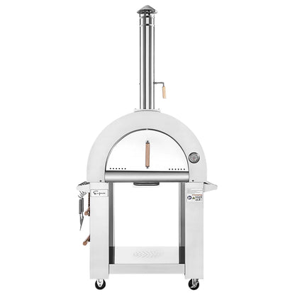 White outdoor pizza oven on wheels with a chimney, brand 'Nuova' visible.