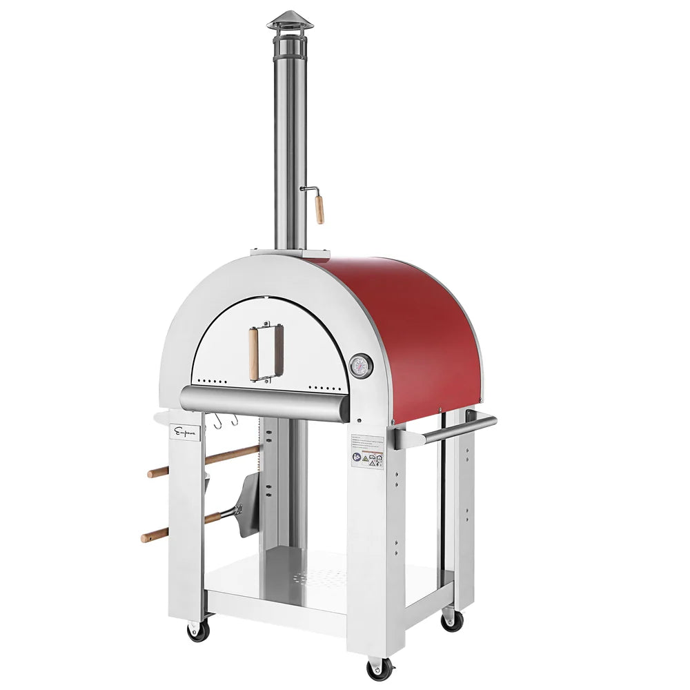 Wood-fired pizza oven with red interior on a white background