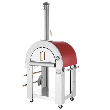 Wood-fired pizza oven with red interior on a white background