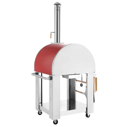 Red and white outdoor pizza oven on a white background
