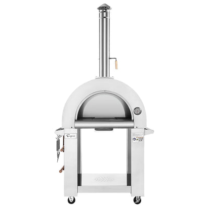 White outdoor pizza oven with a metallic finish on a white background