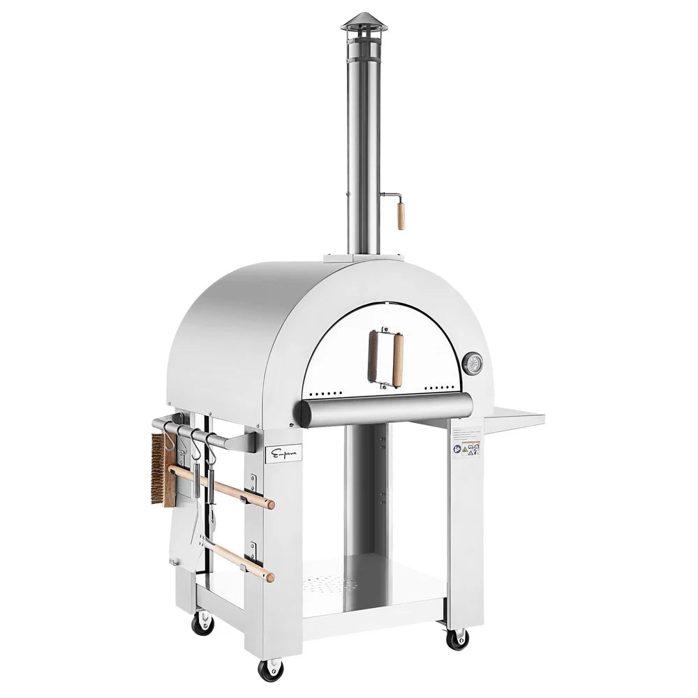 White outdoor pizza oven with wheels on a white background
