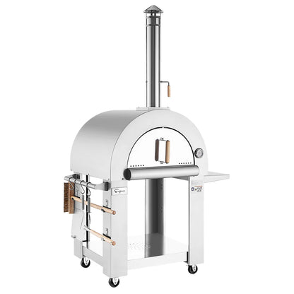 White outdoor pizza oven with wheels on a white background