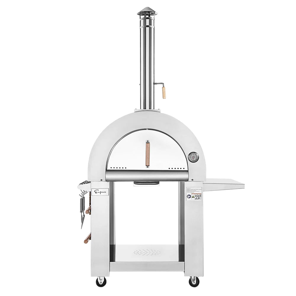White outdoor pizza oven on wheels with a chimney, brand logo visible