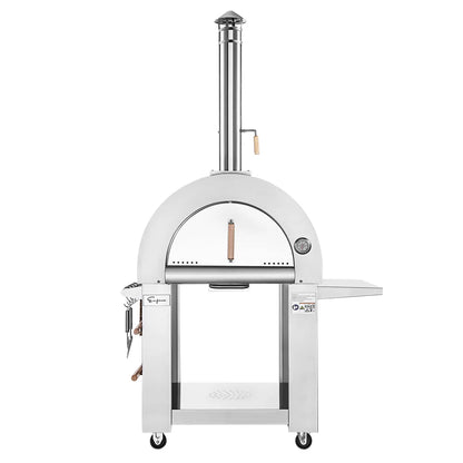 White outdoor pizza oven on wheels with a chimney, brand logo visible