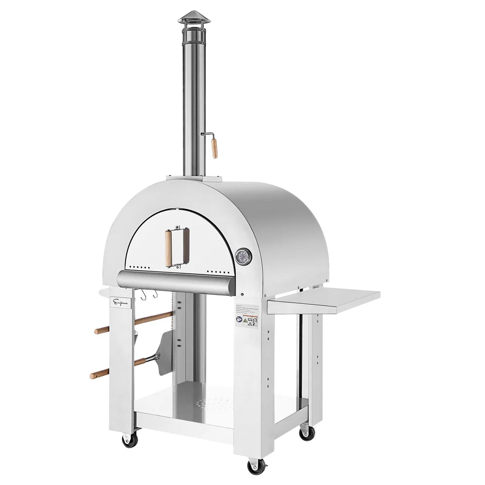White outdoor pizza oven with wheels on a white background