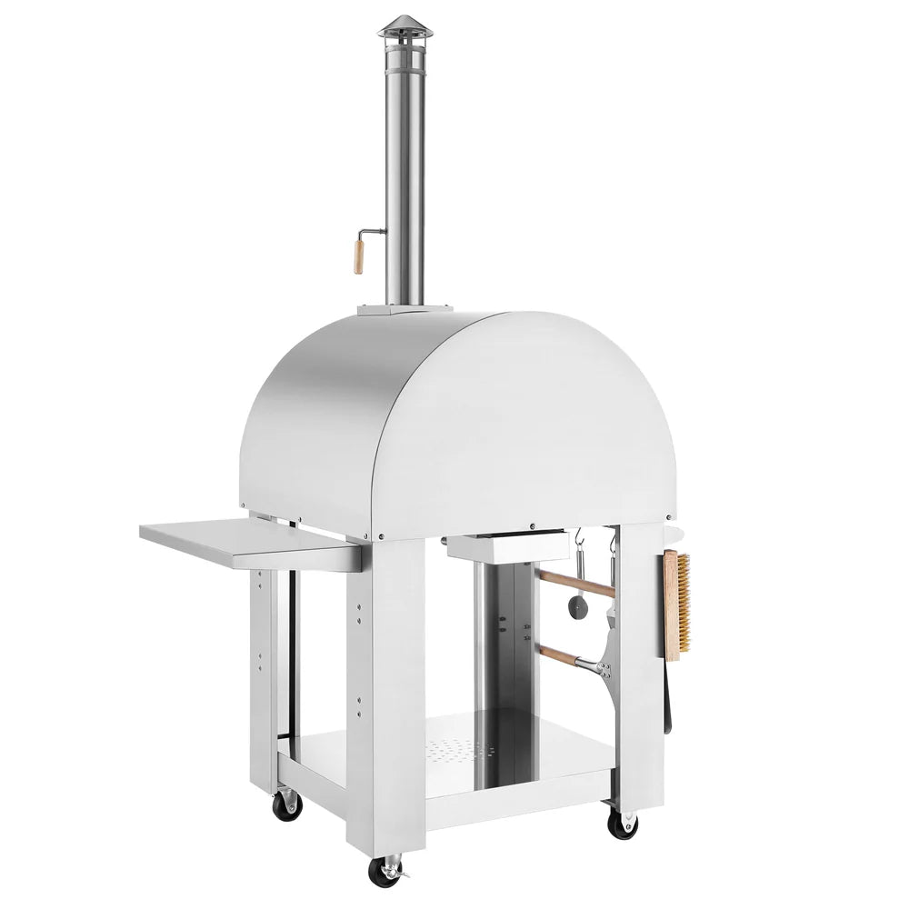 White outdoor pizza oven on wheels with a chimney on a white background