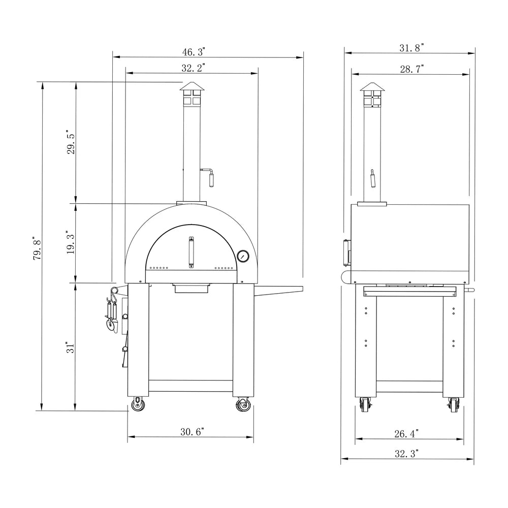 Technical drawing of a pizza oven with dimensions