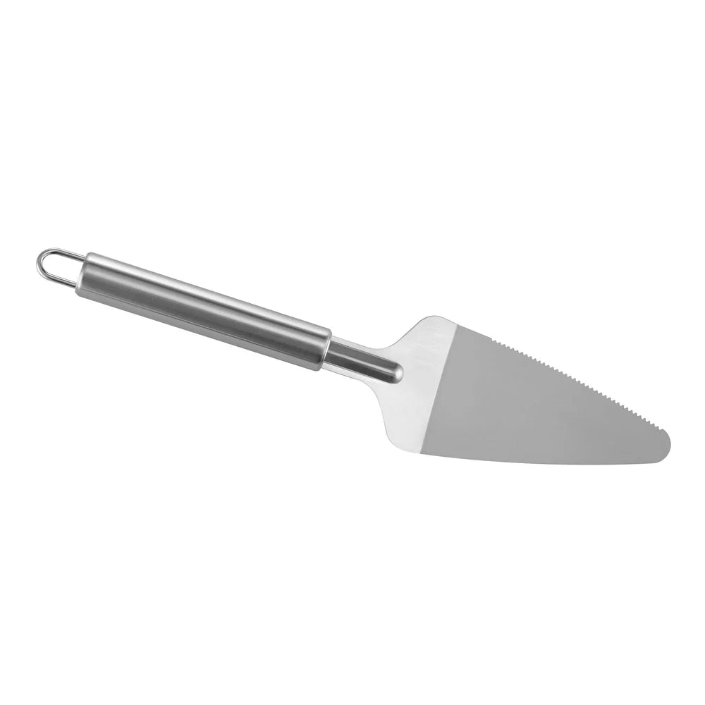 Metal cake server on a white background