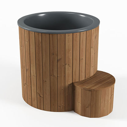 Wooden hot tub with dark interior on a white background