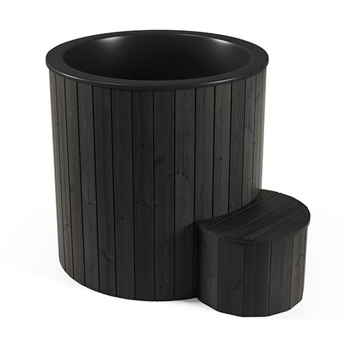 Black wooden barrel with a step on a white background