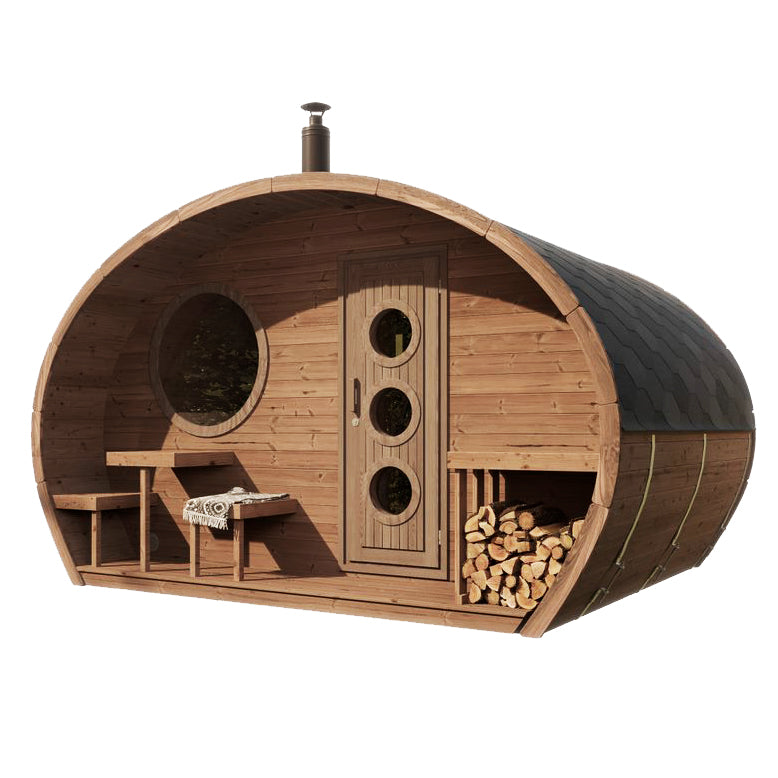 Wooden barrel-shaped sauna with interior details on a white background