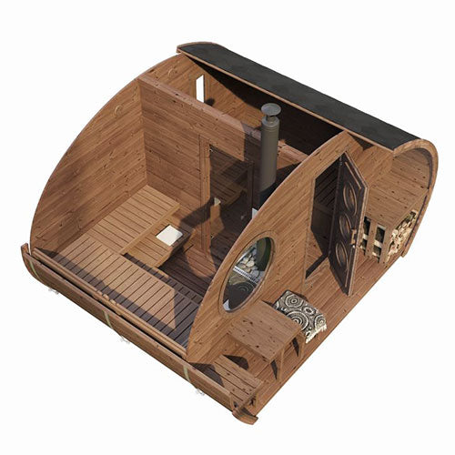 Wooden model of a ship cabin with detailed interior on a white background