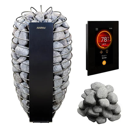 Harvia electric heater with stones, digital controller, and stone arrangement on a white background