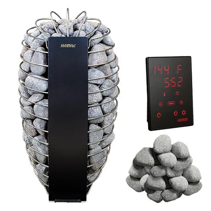 Harvia electric heater with stones, digital controller, and stone arrangement on a white background