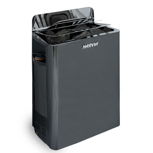 Black Harvia sauna heater on a white background