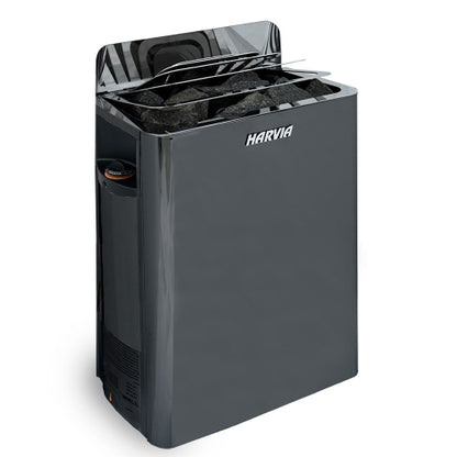 Black Harvia sauna heater on a white background