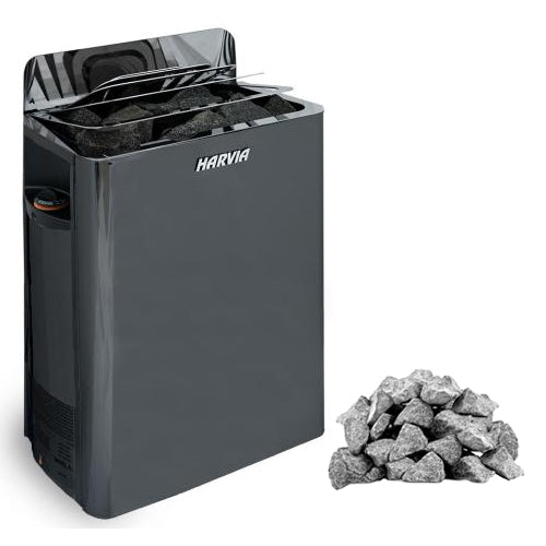 Harvia sauna heater with a pile of stones on a white background