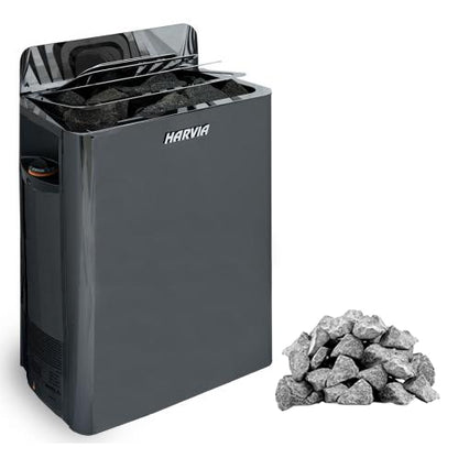 Harvia sauna heater with a pile of stones on a white background
