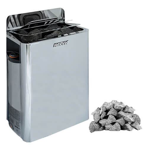 Harvia sauna heater with stones on a white background