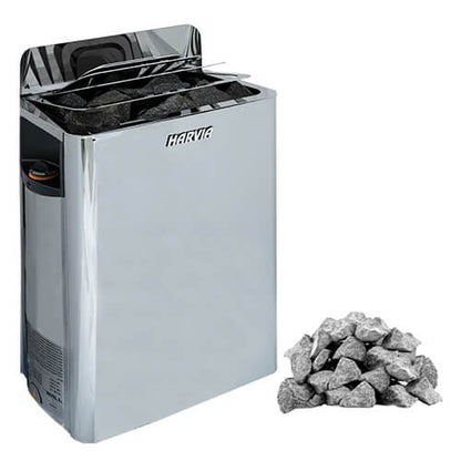 Harvia sauna heater with stones on a white background