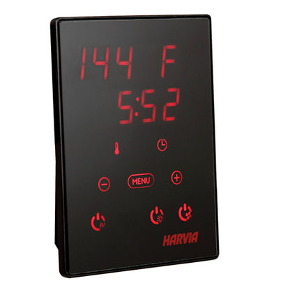 Digital temperature controller with red display on a black background, featuring the Harvia brand.